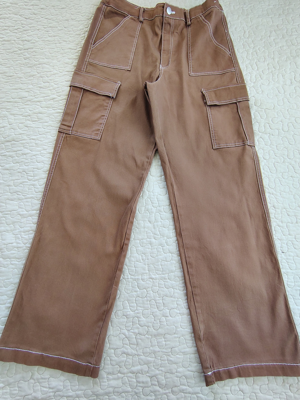 Faded Rose Essentials Brown Contrast Stitch Wide Leg Cargo Pants Size L